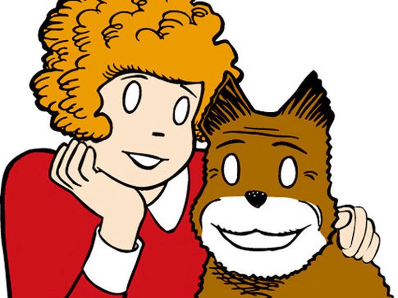 A drawing of Little Orphan Annie and her dog, Sandy.  Annie has red curly hair and a red dress with white collar and cuffs.  Sandy is brown with a white muzzle and a smile.  Neither has pupils.
