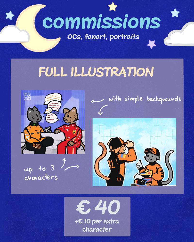 cartoony style full illustrations with simple bg €40 (+10 extra characters)