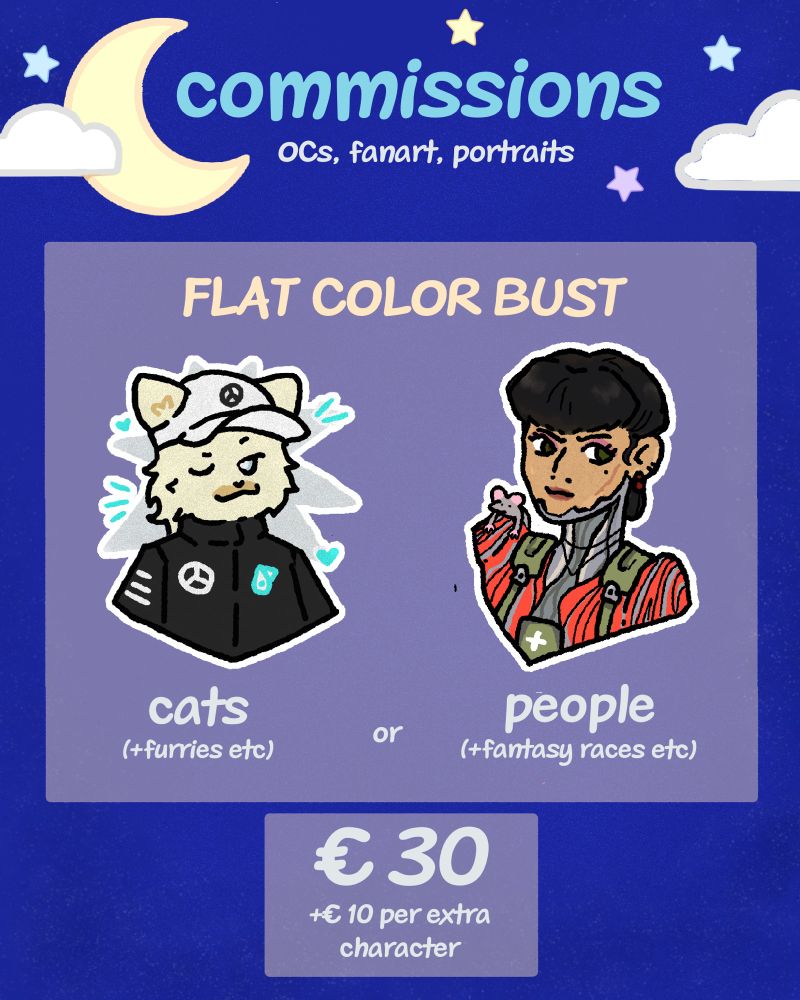 cartoony style flat color bust commissions - €30 per character +10 per extra 