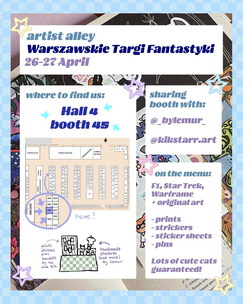 info about artist alley during Warszawskie Targi Fantastyki, a map of hall 4, pointing at booth 45. info about the booth being shared with @_bylemur_ and @kikstarrr.art (on instagram) 
