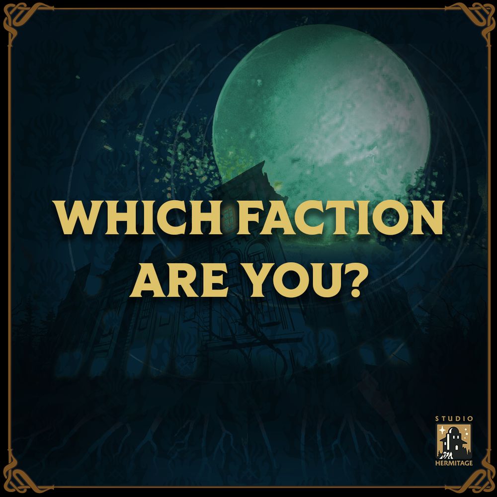 Which faction are you? A large estate is in the background with a massive, broken moon in the sky.