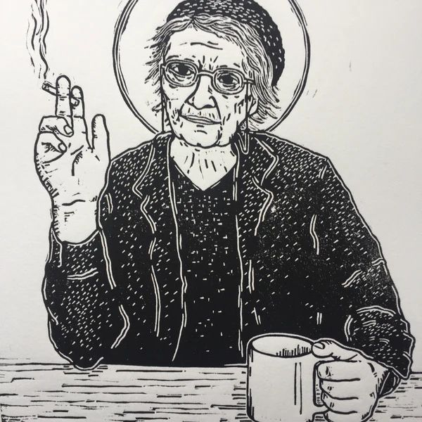 Drawing by artist Ben Wildflower, of Dorothy Day holding a lit cigarette in one hand. Her elbow is on the table, the hand holding the cigarette near her head. A coffee mug resting on the table in the other hand, fingers gripping the handle. 