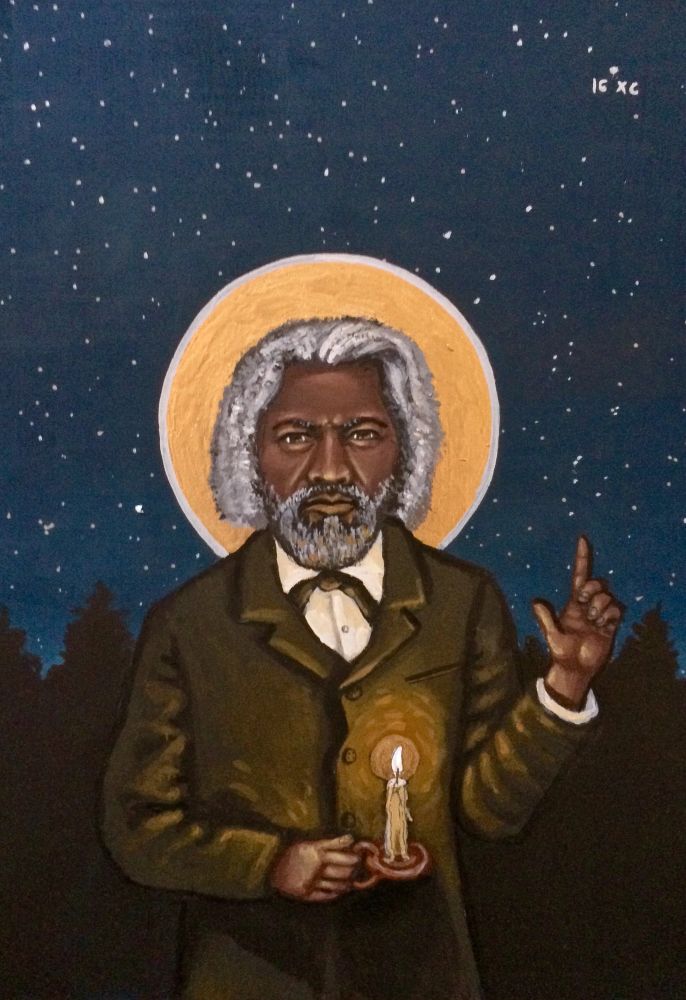 Icon of Frederick Douglass by Kelly Latimore. Douglas stands clothed in a brown suite, older in age with gray hair and beard, holding a lit candle in the darkness, his finger pointed up to the Heavens. 