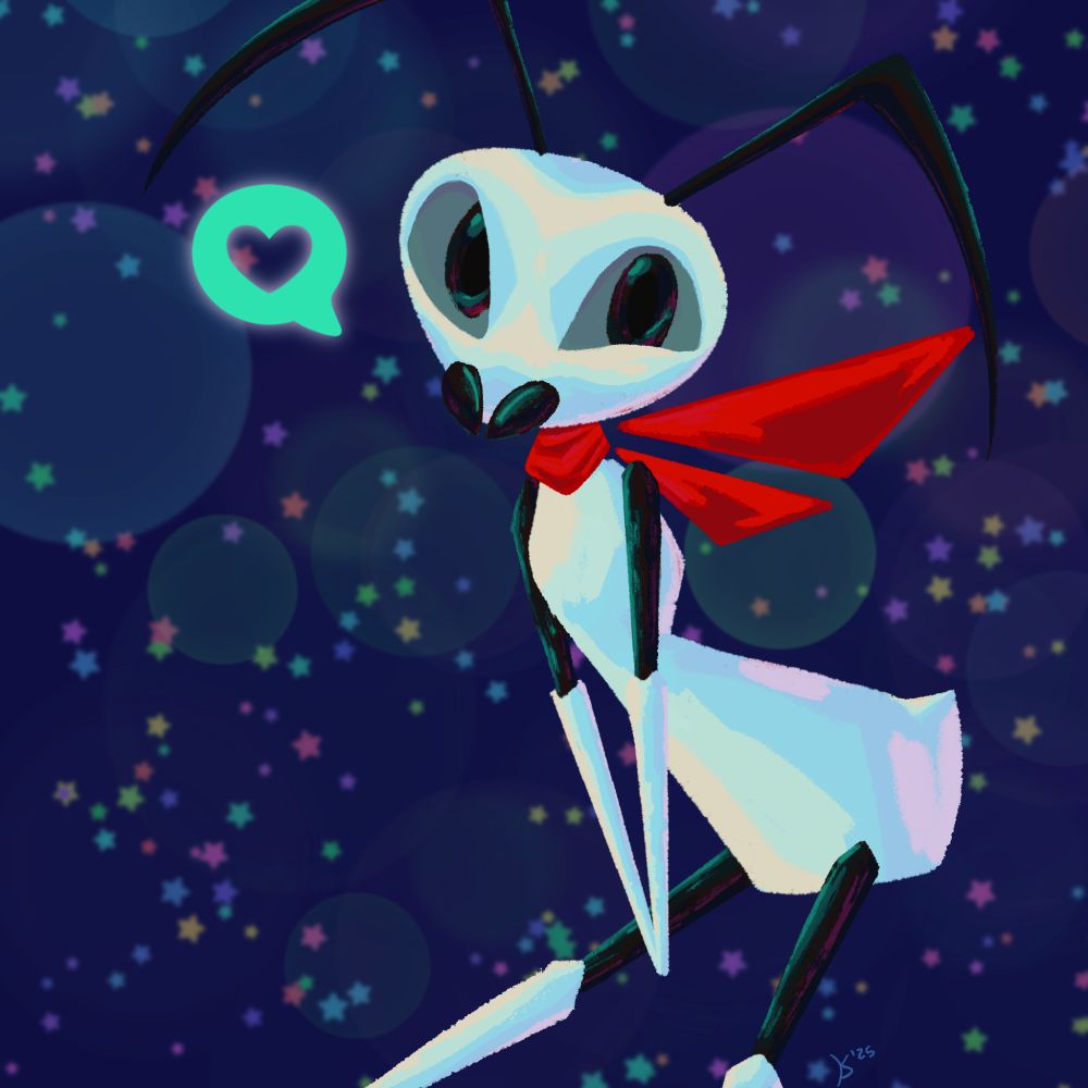 A white and black ant with a red scarf posing cutely with his 'hands' clasped. There is a neon turquoise heart bubble next to him, but no glow around his body. 