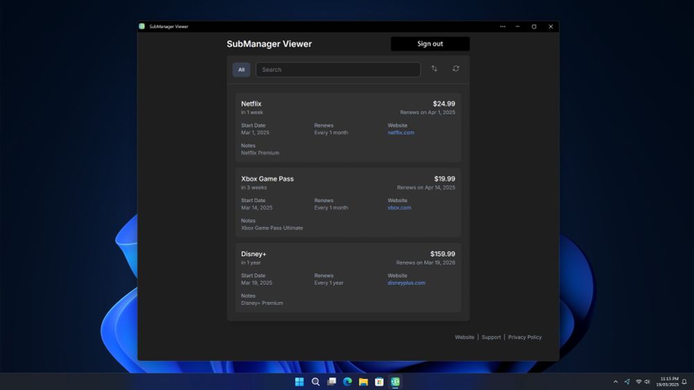 The SubManager Viewer web app on Windows 11.