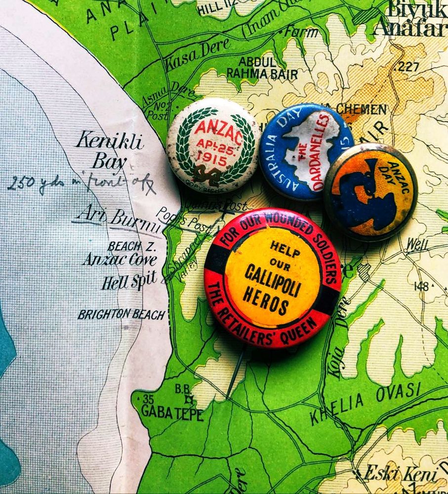 Map of Anzac Cove, Gallipoli, with Australian charity button badges to provide for wounded heroes