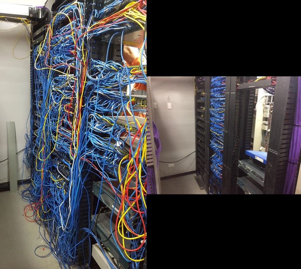 Before and after images of a server rack cable management job. On the left is a jumble of mismatched cables. On the right is a neat weave of color-coordinated cables. Source is u/Kuragh, posted on the r/cableporn subreddit