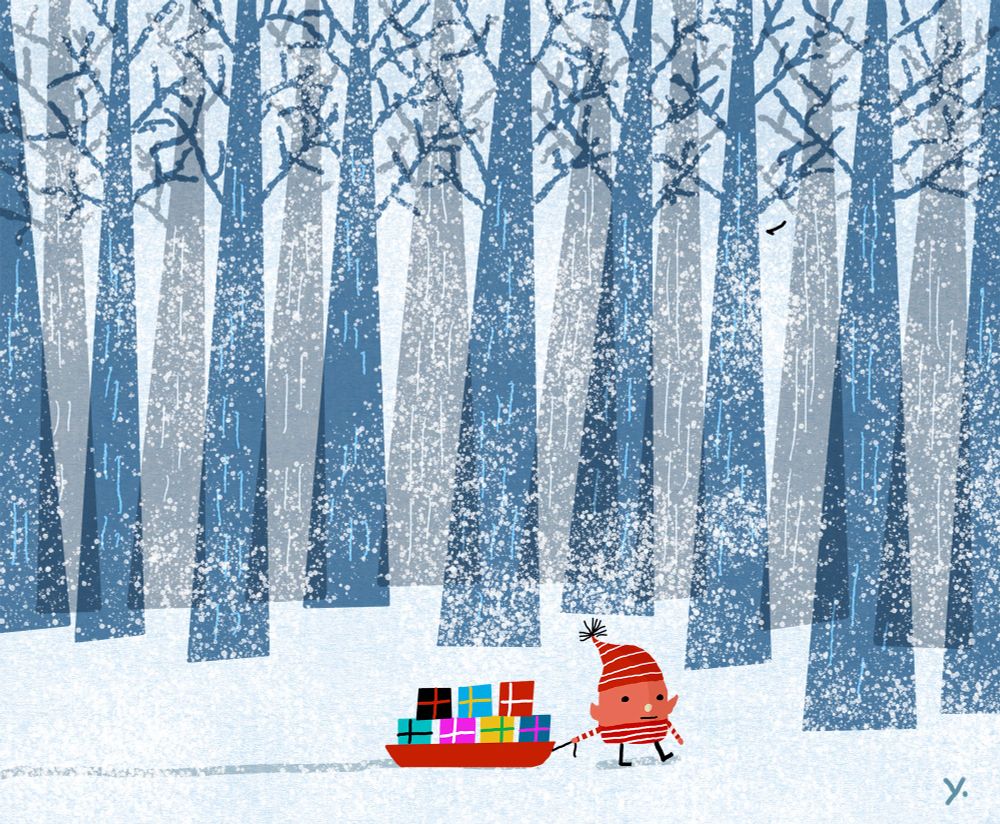 Holiday Elf with presents on a sled in a snowy forest
