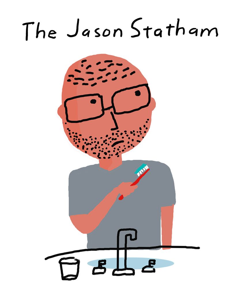 Self portrait of the artist with stubble while brushing his teeth