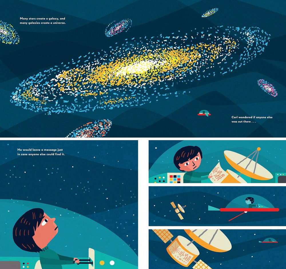 Carl Sagan in a ship looking at the Galaxy in the top frame. Bottom frames: Carl looks at the stars and makes a probe to say hello that he launches from his ship