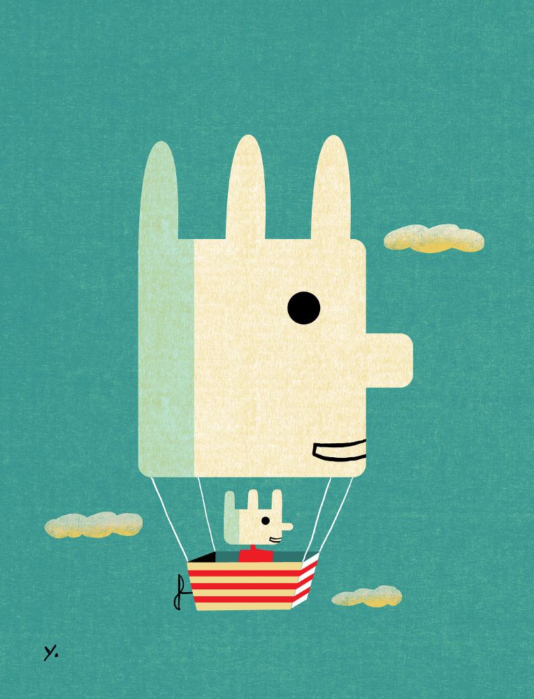 Happy Bunny hot air balloon with tinier bunny head character riding inside the gondola 