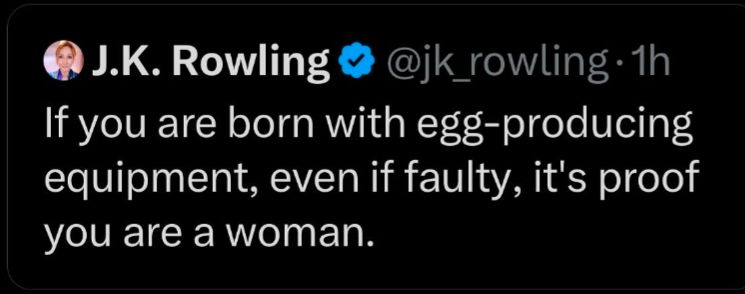 The image displays a tweet from J.K. Rowling's verified Twitter account (@jk_rowling) posted an hour prior to the screenshot being taken. The tweet states, "If you are born with egg-producing equipment, even if faulty, it's proof you are a woman."