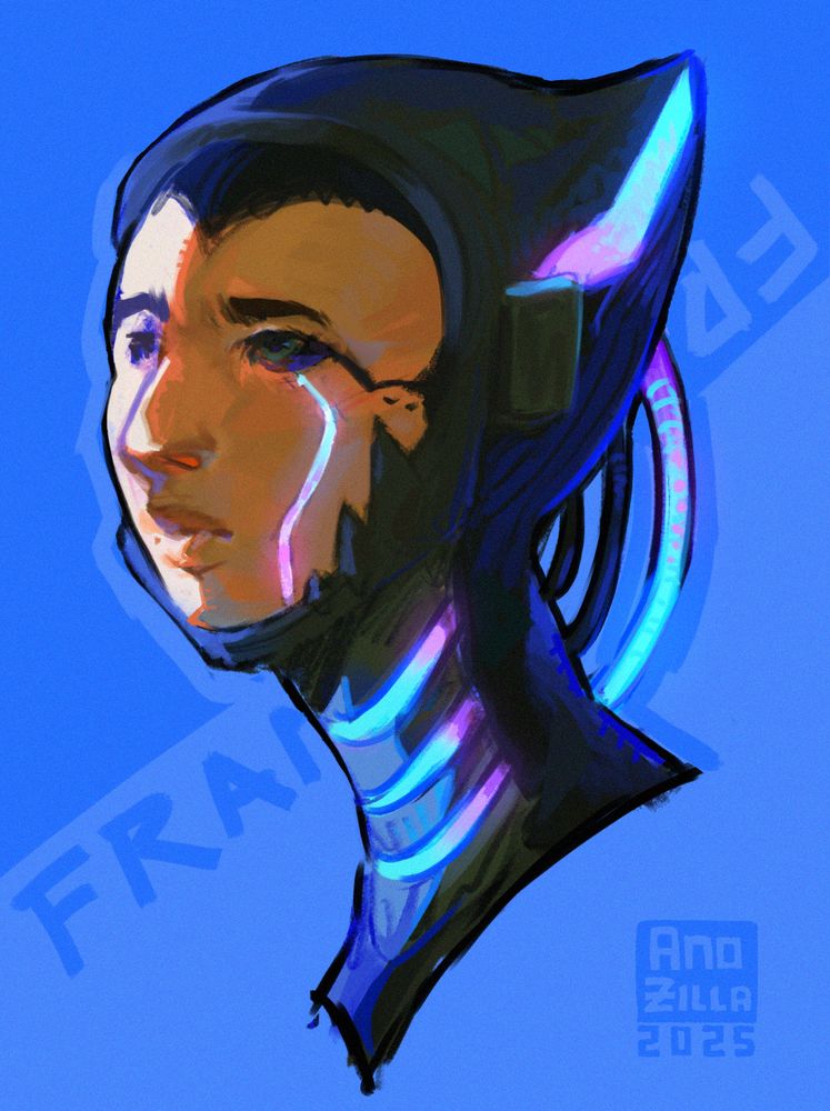 Headshot painting of a cyborg character. She is entirely made of mech except for her still human face. She has a quiet, contemplative expression.
