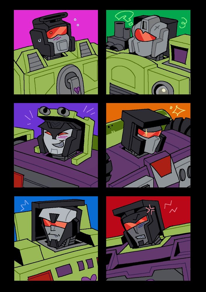 portrait style drawings of the constructicons with simple color backgrounds
in order: scavenger (pink), long haul (green), mixmaster (purple), scrapper (orange), bonecrusher (blue), hook (red)