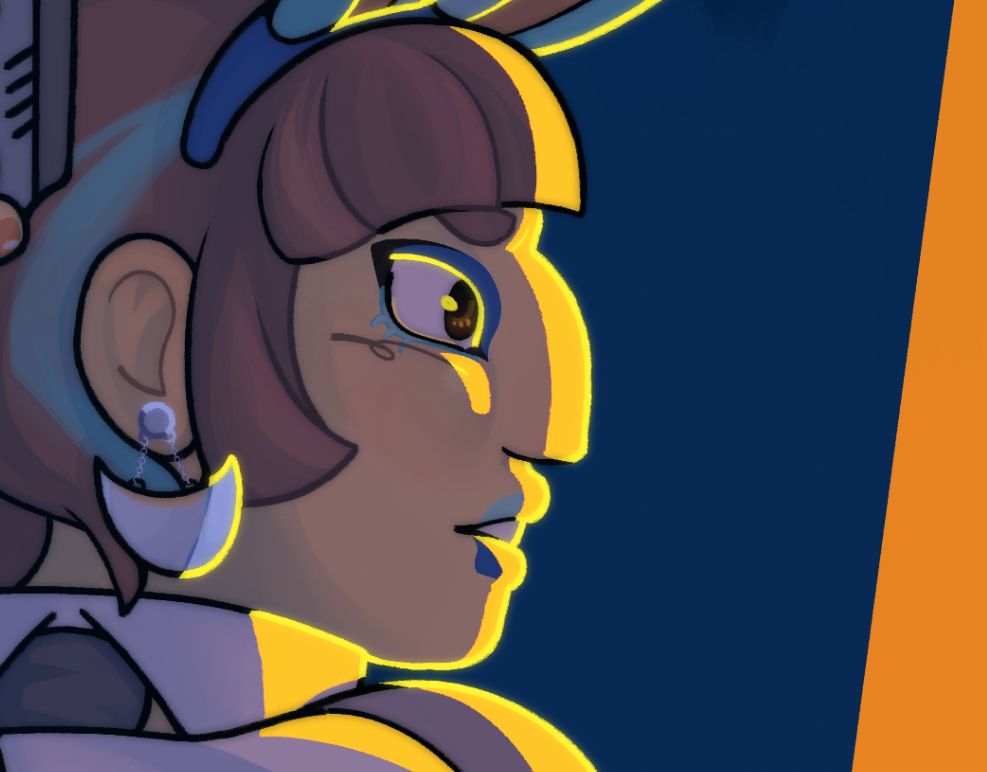 A close-up of the character's face: showing her rich brown eyes & thematic makeup.