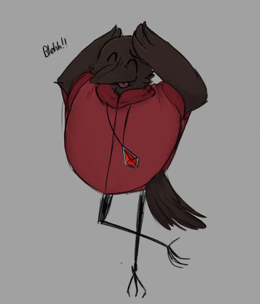 Cain in a silly pose Teto makes in BIRDBRAIN by JamieP. He has his wings on his head like he's gesturing to the empty space in his skull with his tongue sticking out.