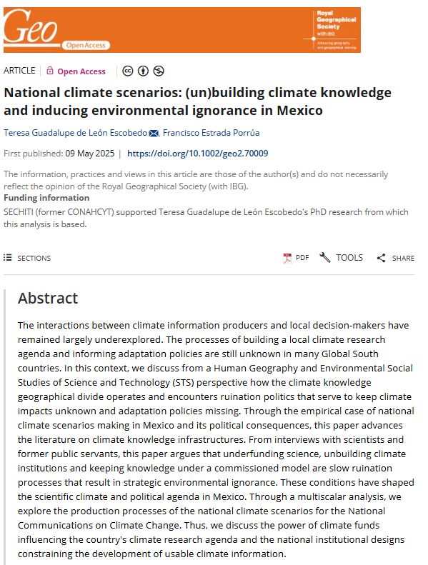 Screenshot of a paper abstract in Geo: Geography and Environment by Teresa Guadalupe de León Escobedo & Francisco Estrada Porrúa (2025) entitled 'National climate scenarios: (un)building climate knowledge and inducing environmental ignorance in Mexico' with an orange banner at the top.