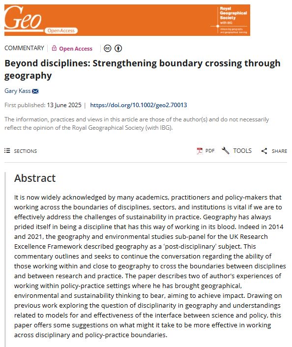 Screenshot of a commentary abstract in Geo: Geography and Environment by Gary Kass (2025) entitled 'Beyond disciplines: Strengthening boundary crossing through geography' with an orange banner at the top.