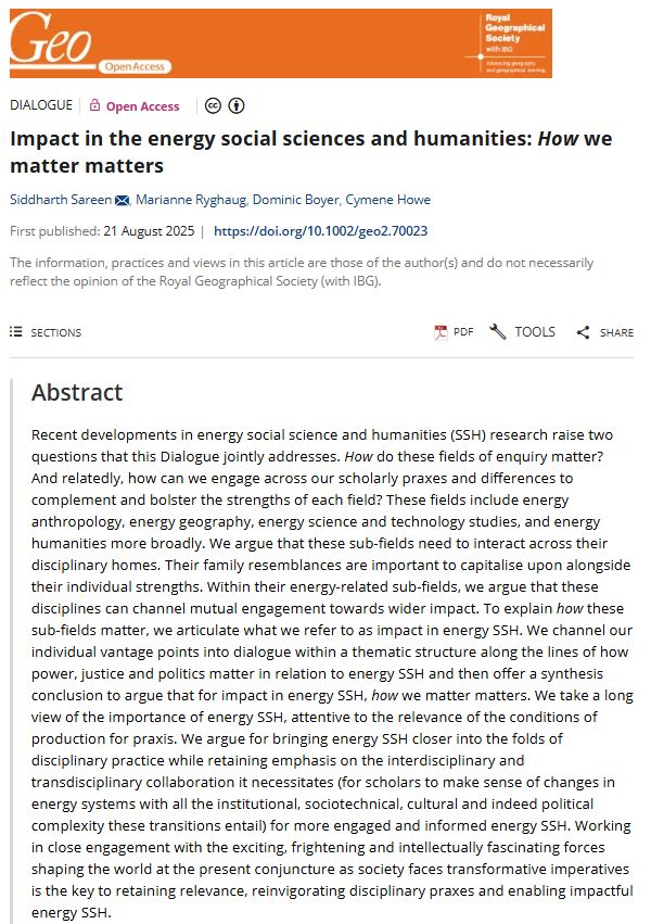 Screenshot of a paper abstract in Geo: Geography and Environment by Siddharth Sareen, Marianne Ryghaug, Dominic Boyer & Cymene Howe entitled: 'Impact in the energy social sciences and humanities: How we matter matters' with an orange banner at the top.

