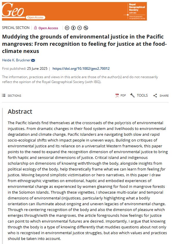 Screenshot of a paper abstract in Geo: Geography and Environment by Heide K Bruckner (2025) entitled 'Muddying the grounds of environmental justice in the Pacific mangroves: From recognition to feeling for justice at the food-climate nexus' with an orange banner at the top.