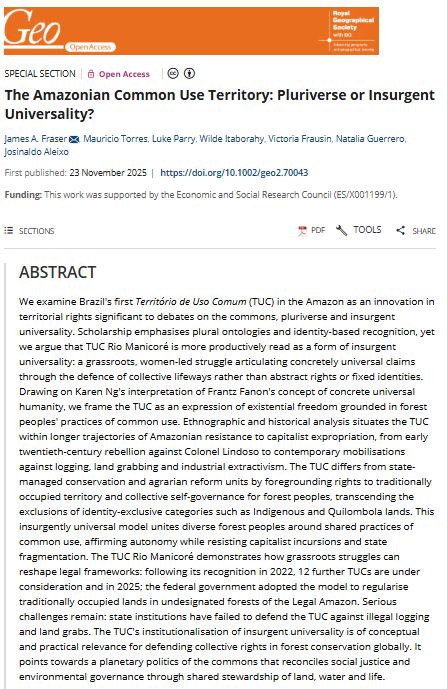 Screenshot of a paper abstract in Geo: Geography and Environment by James A. Fraser, Mauricio Torres, Luke Parry, Wilde Itaborahy, Victoria Frausin, Natalia Guerrero & Josinaldo Aleixo (2025) entitled: 'The Amazonian Common Use Territory: Pluriverse or Insurgent Universality?' with an orange banner at the top.