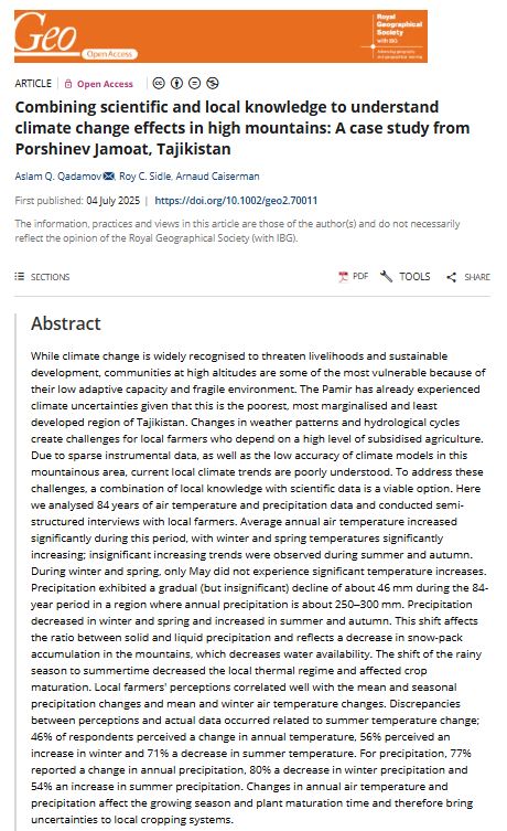 Screenshot of a paper abstract in Geo: Geography and Environment by Aslam Q. Qadamov, Roy C. Sidle & Arnaud Caiserman (2025) entitled 'Combining scientific and local knowledge to understand climate change effects in high mountains: A case study from Porshinev Jamoat, Tajikistan' with an orange banner at the top.