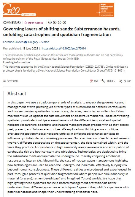 Screenshot of a commentary abstract in Geo: Geography and Environment by Christine Eriksen & Gregory L. Simon (2025) entitled 'Governing layers of shifting sands: Subterranean hazards, unfolding catastrophes and quotidian fragmentation' with an orange banner at the top.