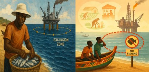 Painted illustration showing a Ghanaian fisherman on the left with a full basket of fish and an oil rig in the sea behind him with an 'exclusion zone' around it. On the right, two fishermen sit in in their boat on the beach with the oil rig still in the background and a 'no fishing' sign on the beach.