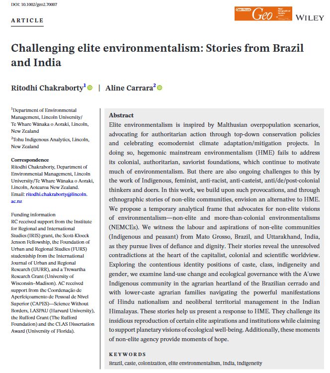 Screenshot of a paper abstract in Geo: Geography and Environment by Ritodhi Chakraborty & Aline Carrara (2025) entitled 'Challenging elite environmentalism: Stories from Brazil and India'