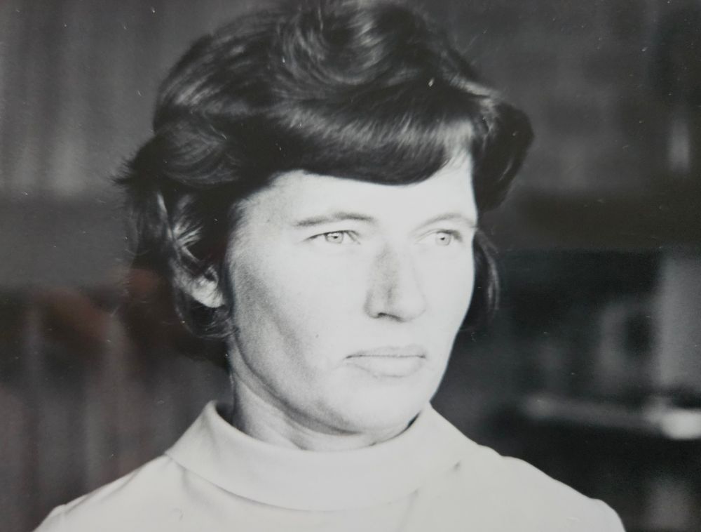 Black and white photo of mum in 1968.