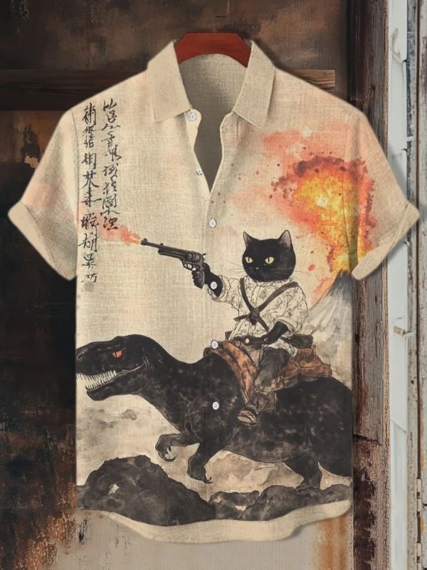 A shirt with a shogun cat riding a Dinosaur and shooting a gun. 