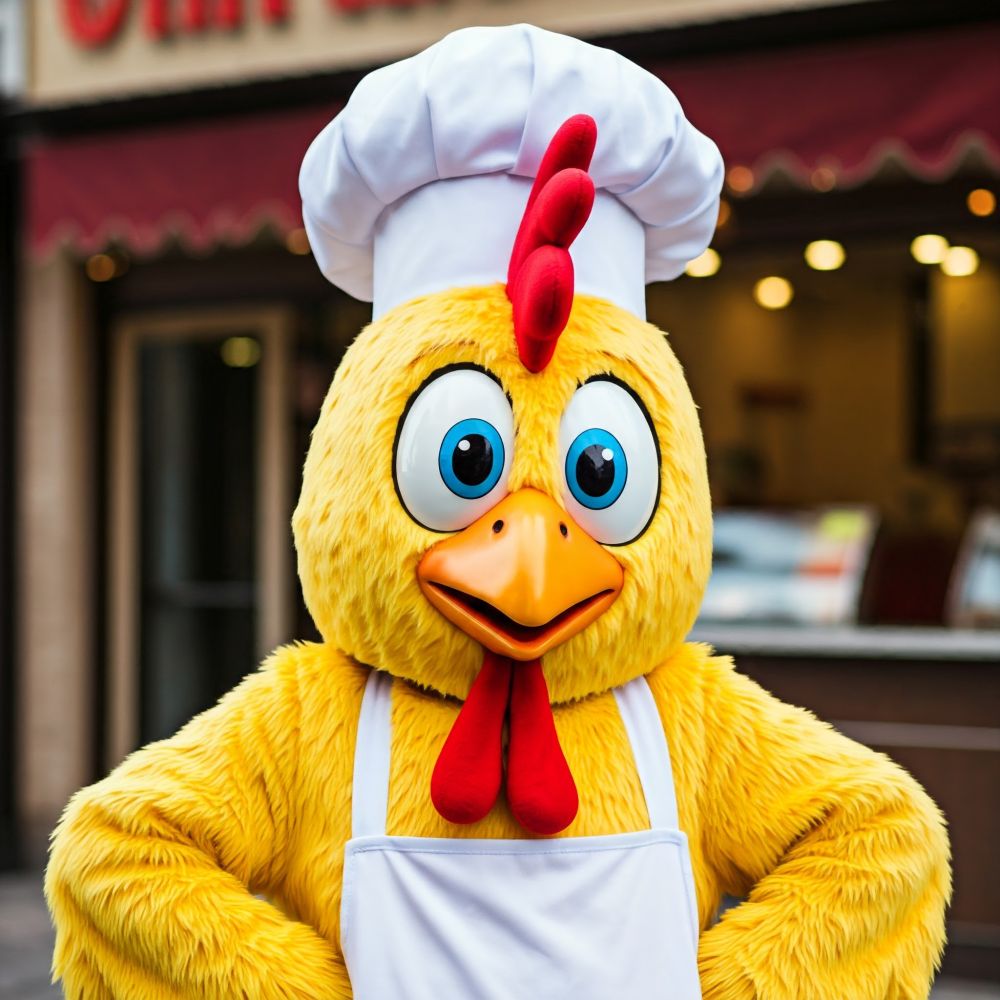 A person dressed in a chicken chef costume, standing outside a chicken shop.