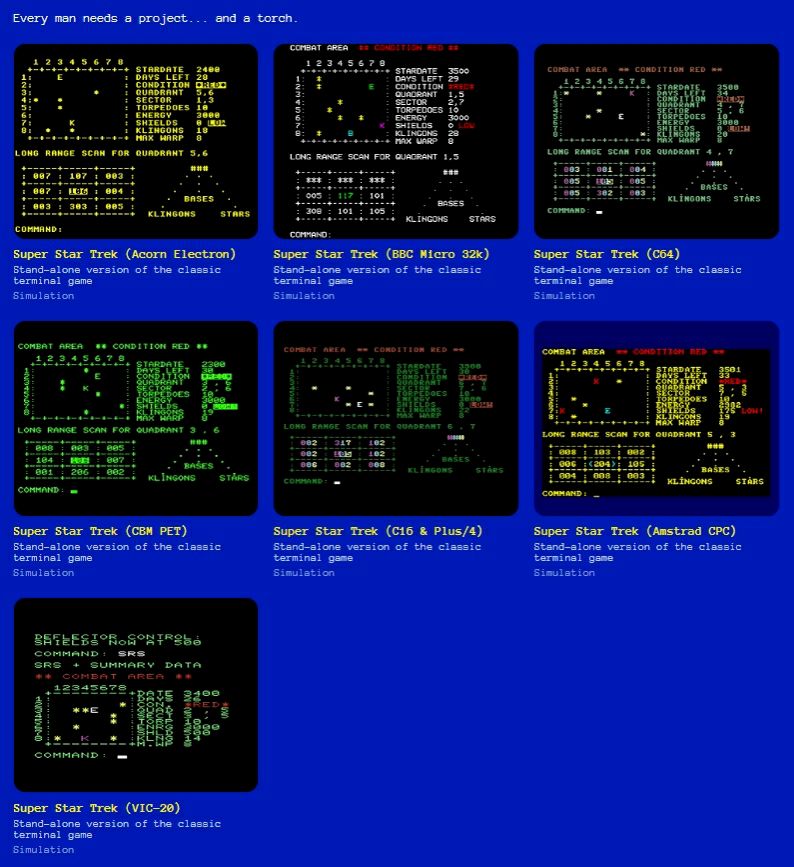 Screenshot of my itchio page showing my versions of Super Star Trek game for 7 8-bit systems.