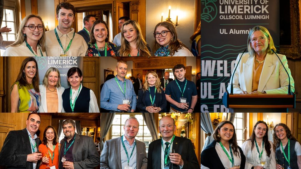 Collage of photos from the University of Limerick alumni event in Brussels, June 2025. Groups of attendees are smiling and socialising, wearing name badges and green UL lanyards. Professor Brigid Laffan, Chancellor of UL, is shown speaking at a podium with a UL Alumni banner in the background.