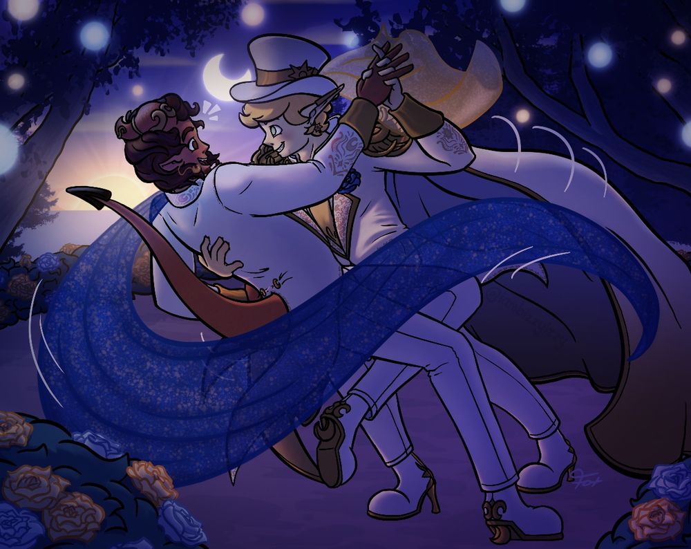 Heat and Alister, dancing ogether at
their wedding's reception. Alister is leading the dance, dipping Heat with
a bright smile on his face. Heat looks
startled at this, but clearly touched and
elated. It's dusk, the setting sun and
rising moon visible in the background
and adding dramatic lighting, along with
the dancing lights cast above the two.

