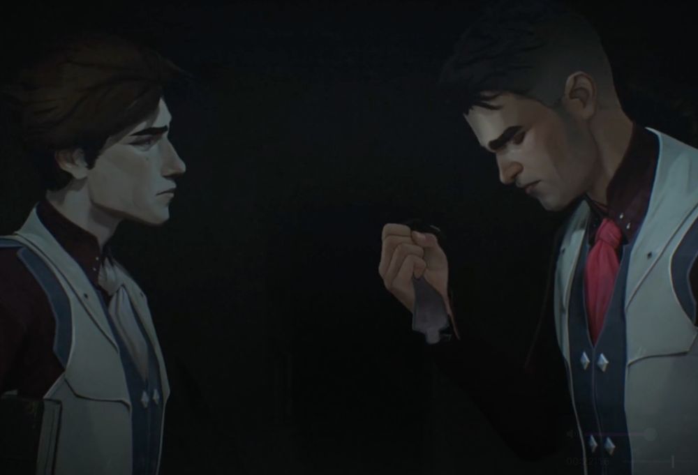 scene of viktor interrupting jayce at the ledge and giving him the bracelet with the stone. viktor is looking at jayce softly.