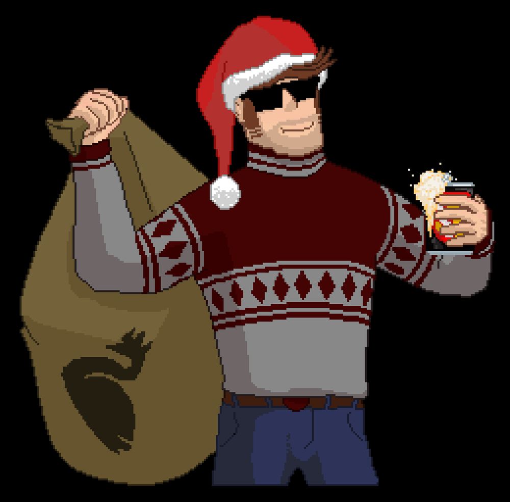 Jarmo, wearing a santa hat, with a large bag in one hand and a beer in another