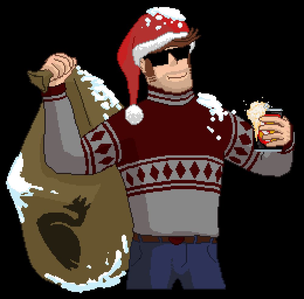 Jarmo, wearing a santa hat, with a large bag in one hand and a beer in another, covered partially by snow