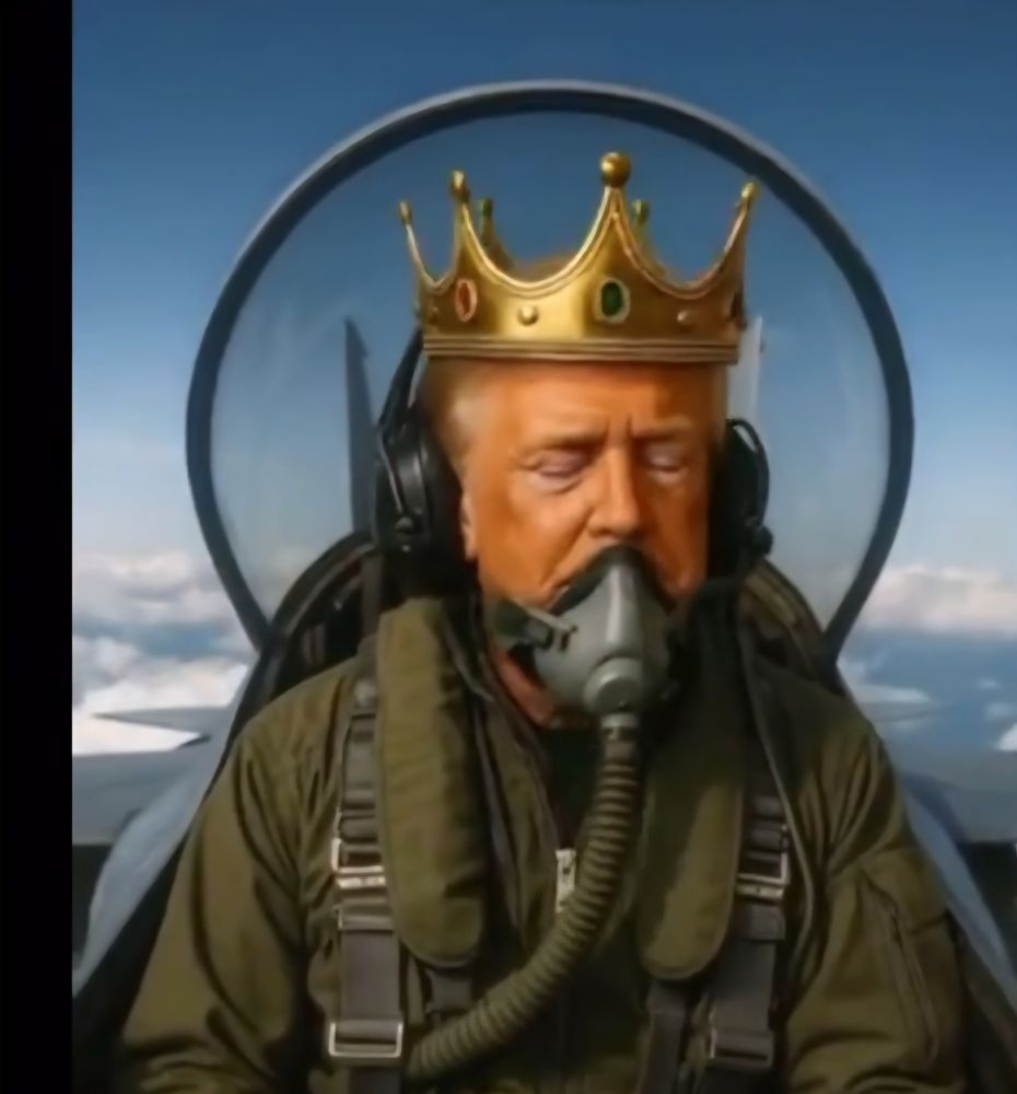 AI Trump in an F-16 cockpit endearing a crown with his air mask sliding off his face while his eyes are closed and he appears to be napping. 
