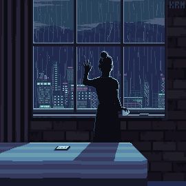 8bit retrogaming inspired pixel art drawing of a sillhouetted woman looking at a rainy city skyline from her dark apartment on a moody night