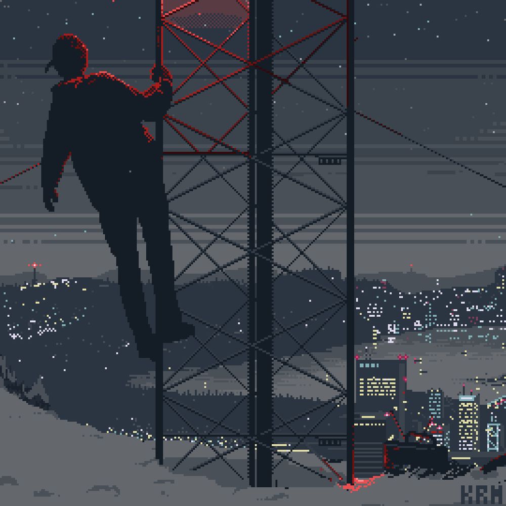 Detailed pixel art drawing of a moan watching a distant city from a hill on a cold and starry night