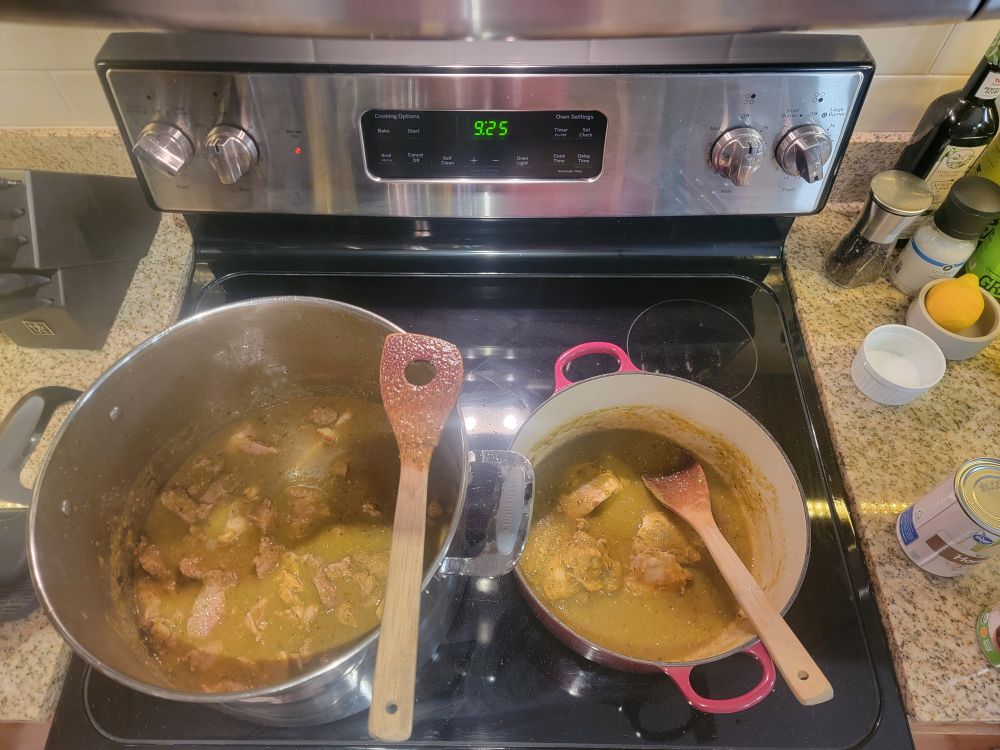 Chili simmering (one side pot just chicken for a coworker who doesnt eat red meat). Added some kidney beans and hominy later. 