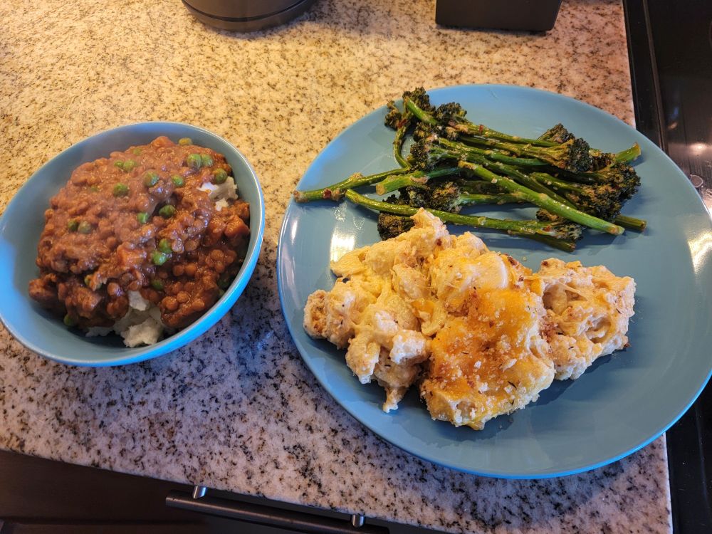 Bunch of macaroni, roasted broccolini, and mashed potatoes with wine-stewed lentils and mushrooms. 