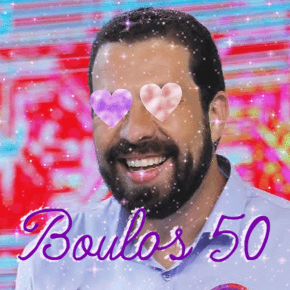 a man with a beard has hearts in his eyes and the words boulos 50 on the bottom