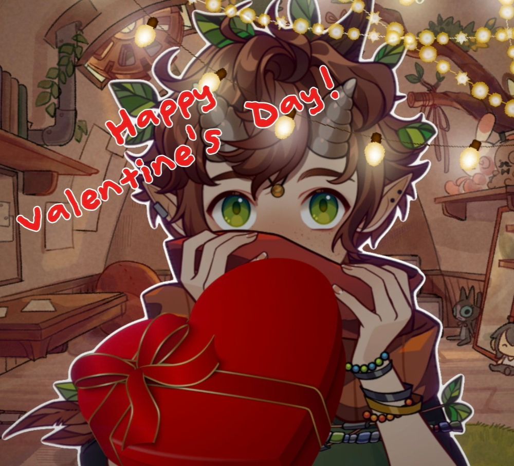 Salou, a satyr vtuber, appears covering his face while he gives you a heart-shaped box of chocolates. The text: "HAPPY Valentine's Day!" Appears in the top right corner