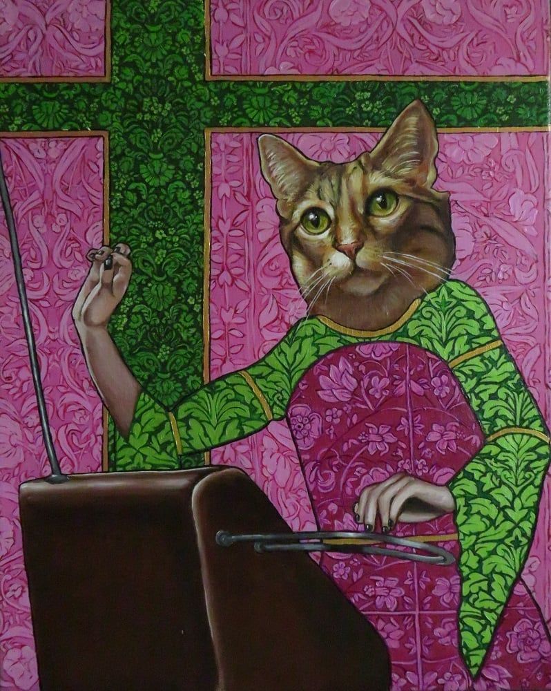 Cat playing a theremin. Pink and green.