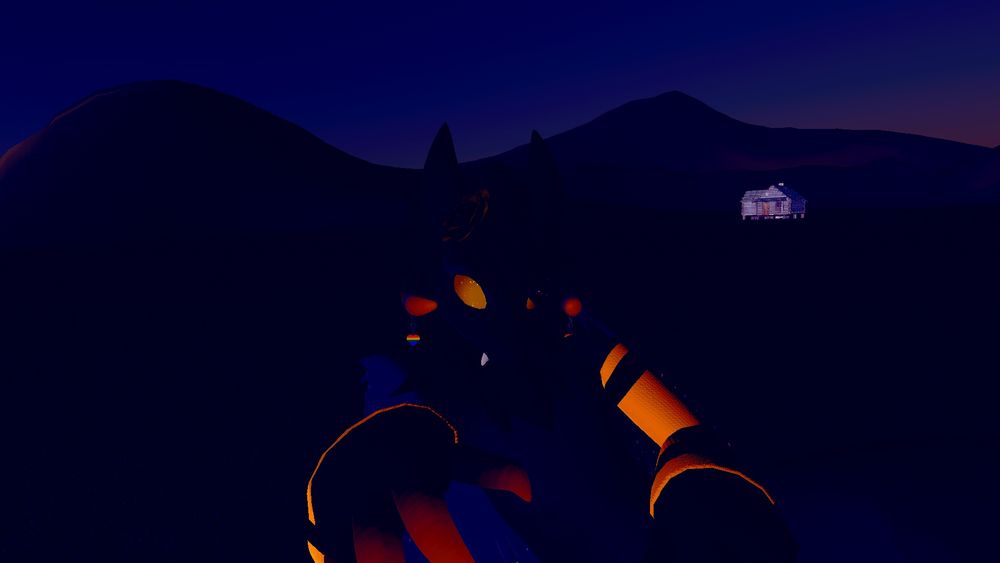 The image showcases Yharon inside of ChilloutVR as a wickerbeast, inside a dim, blue/purple landscape under a deep blue sky. A wood log cabin is present in the background, and off in the distance in the background are featureless, dark blue/purple mountain ranges.