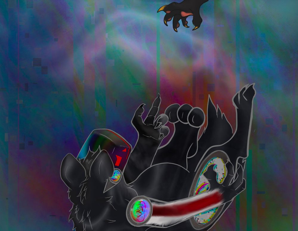 Drawing of a protogen falling or sinking, reaching out to a clawed hand reaching down from above the canvas.