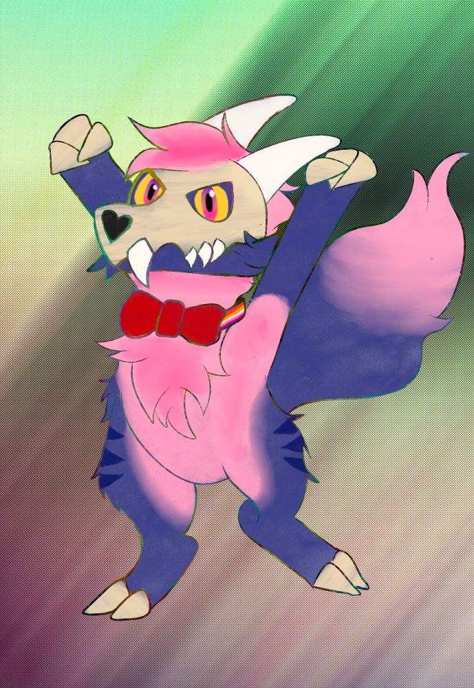 Drawing in The Owl House style of a titan character. Their fur is fluffy dark blue with three darker blue stripes visible on their legs, pink for the chest fluff, inner legs, inner arms, head fluff, and tail tip. Its skull has both horns. It’s wearing a red bow tie with the lesbian flag colors as the neck band. Their arms are up in the air and it looks cranky, as if it is going “weh!” Defiantly.