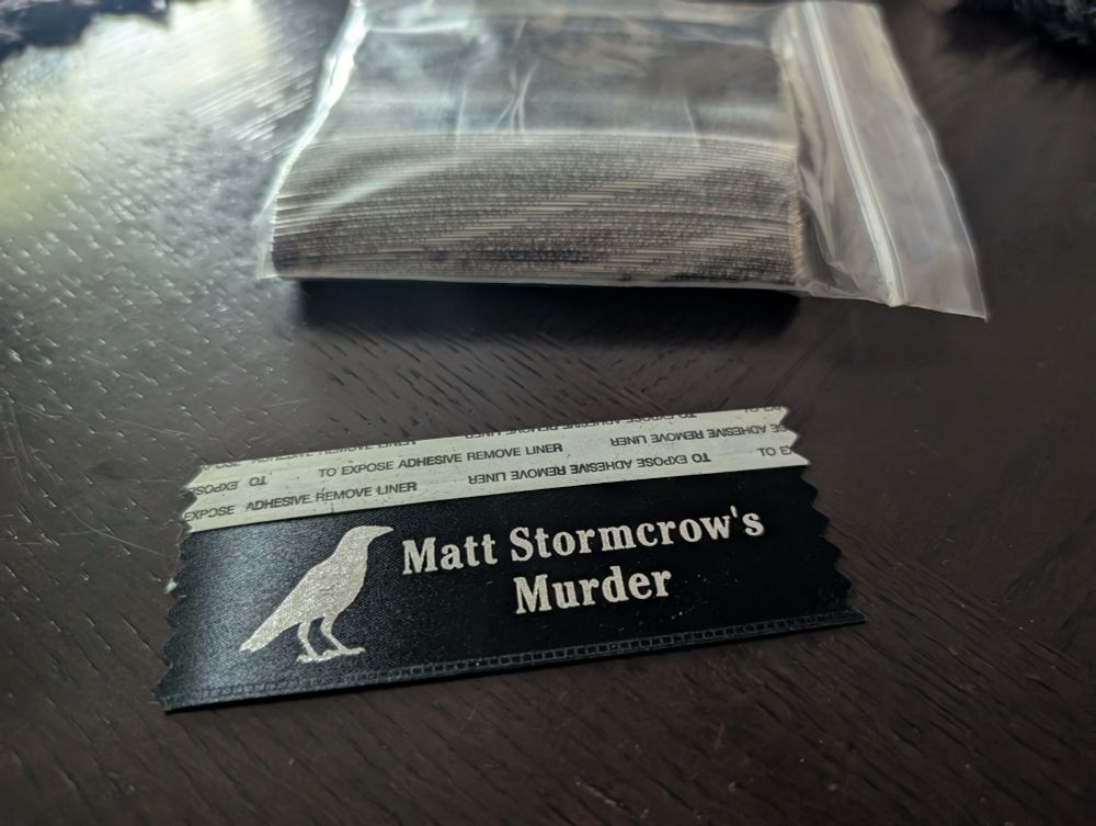 Badge ribbon reads "Matt Stormcrow's murder"